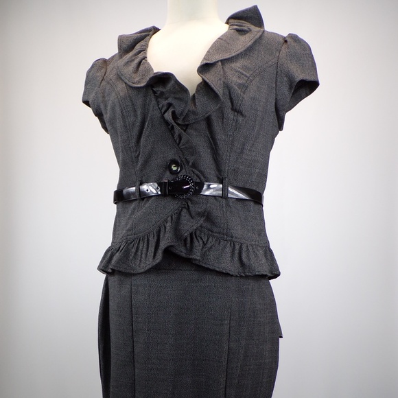 Ruflle Tailored 2 Piece Skirt Suit Set w/ Belt 7 - Picture 1 of 8